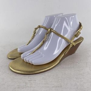 Tory Burch women's Gold Slingback Thongs sandals US 9 M Wedge T-Strap logo shoes